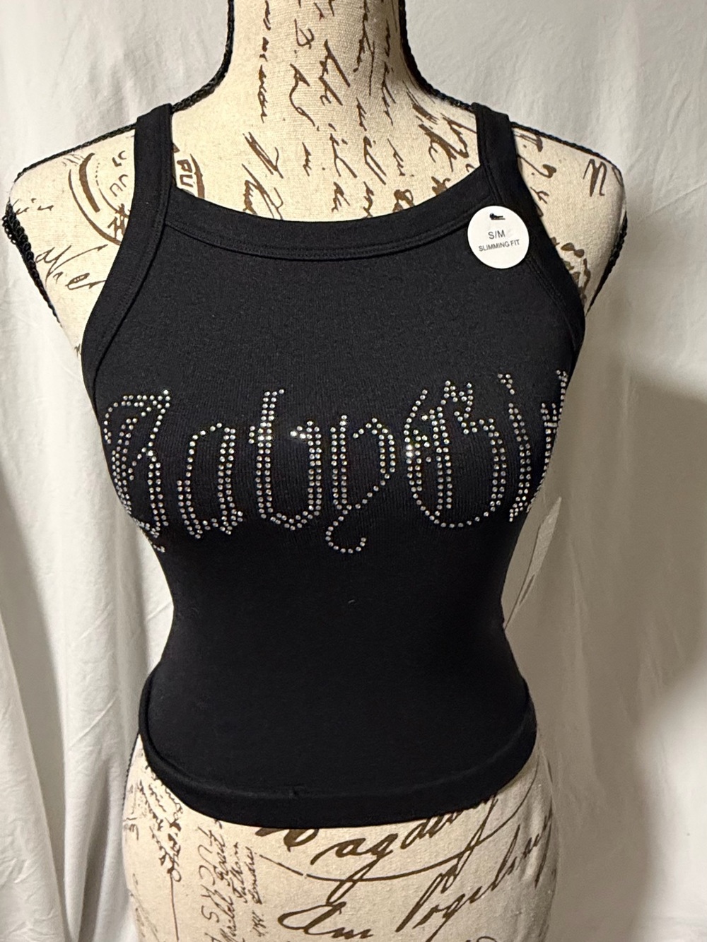 NWT New Mix Classic Black Rhinestone Babygirl Tank Top S/M